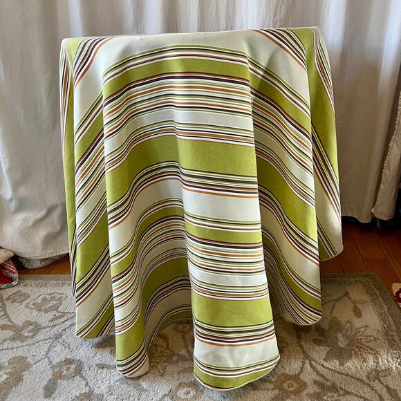 JCPenny Home Studio  retro stripped 69" round tablecloth green, orange, brown - Picture 2 of 8